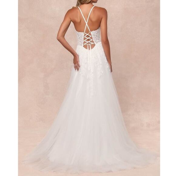 Lulus Bridal NWT Glorious Luxury White Sheer Tulle Embroidered Beaded Maxi Gown - Picture 6 of 10